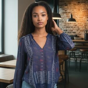 Lucky brand L boho aztec southwestern v neck womens tunic top with embroidery